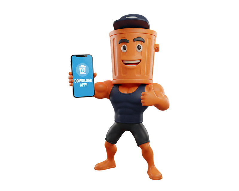 TrashTalk mascot holding phone
